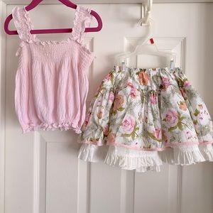 Vintage Girls 2T Outfit Pink Smocked Tank + Floral Skirt Roses